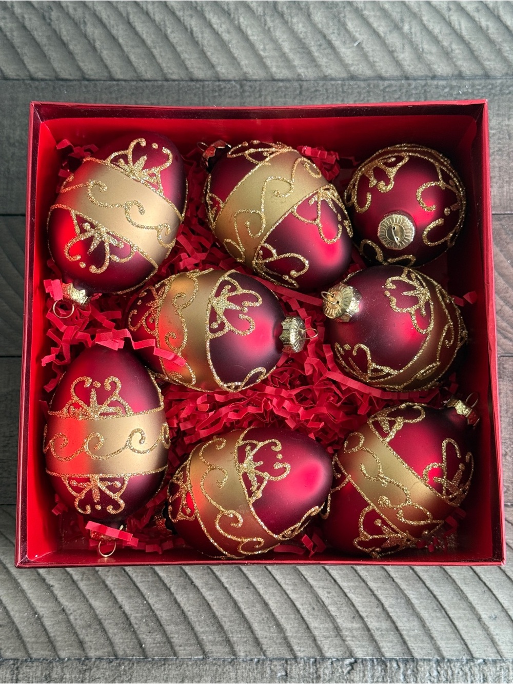 Vintage Red and Gold Holiday Ornament Set - Elegant Matte Glass Baubles Set of 8